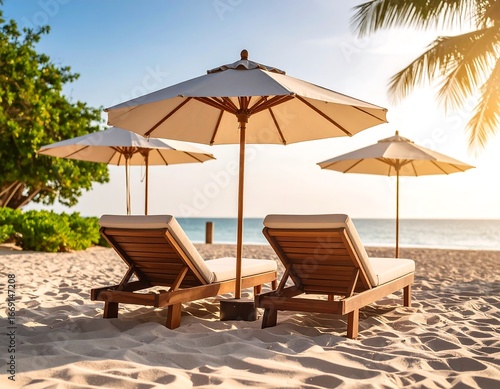 Wallpaper Mural Beach chairs with sunset, and tropical beach. Torontodigital.ca