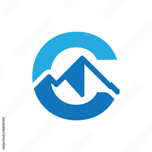The image shows a flat logo design of a letter C with mountain as the element in blue color on a white background
