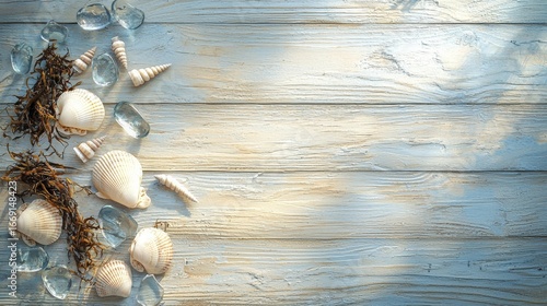 Seashells, glass stones, and seaweed artfully arranged on rustic wooden planks, evoking a beachy vibe.