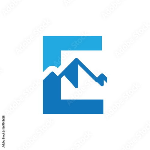 The image shows a flat logo design of a letter E with mountain as the element in blue color on a white background