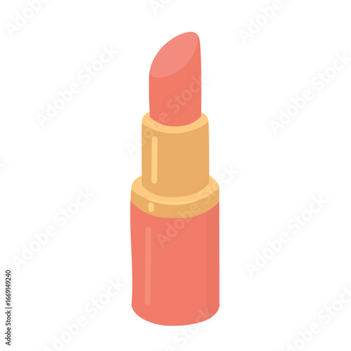 Coral lipstick in golden case with elegant design, flat style, minimal clean isolated illustration.