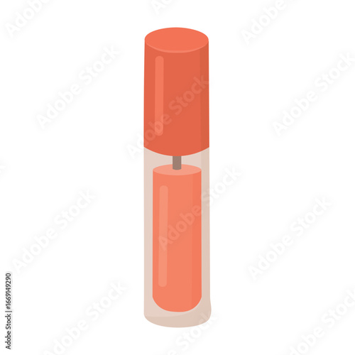 Transparent lip gloss tube with coral cap and applicator inside, flat style, clean isolated illustration.