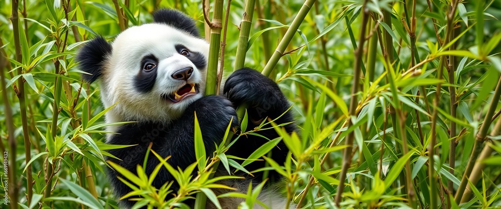Obraz premium Playful panda clutching bamboo stalks amidst vibrant green foliage, vegetation, image