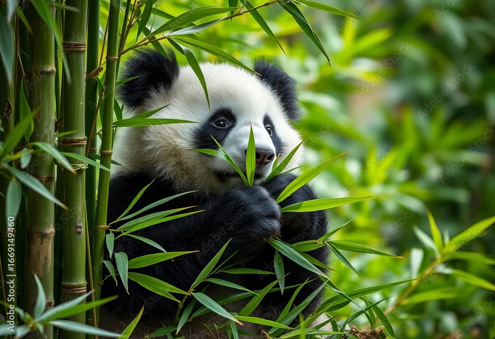 Obraz premium Playful panda nestled in bamboo, clutching leaves, vibrant green foliage, bamboo, nature photography