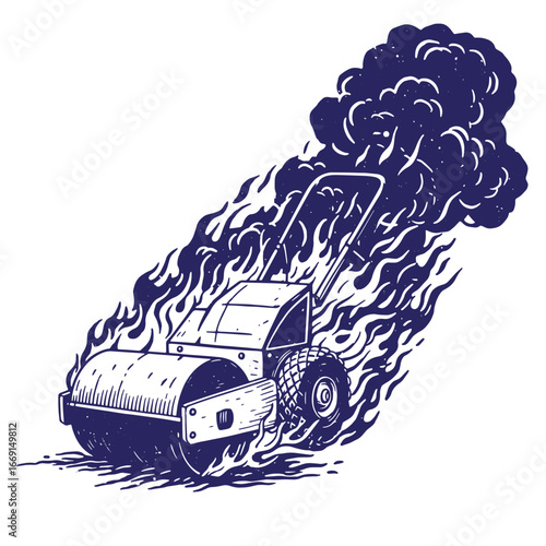 A vector illustration of a construction roller surrounded by flames and smoke