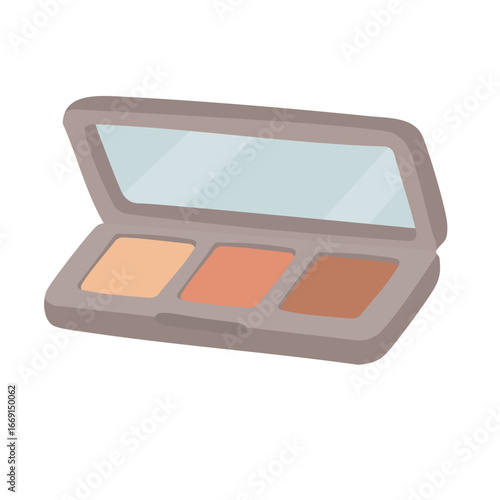 Open neutral makeup palette with three warm shades and mirror, flat style, clean isolated illustration.