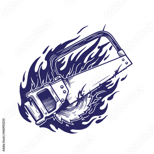 Artistic illustration of a handsaw surrounded by stylized blue flames and cutting wood.
