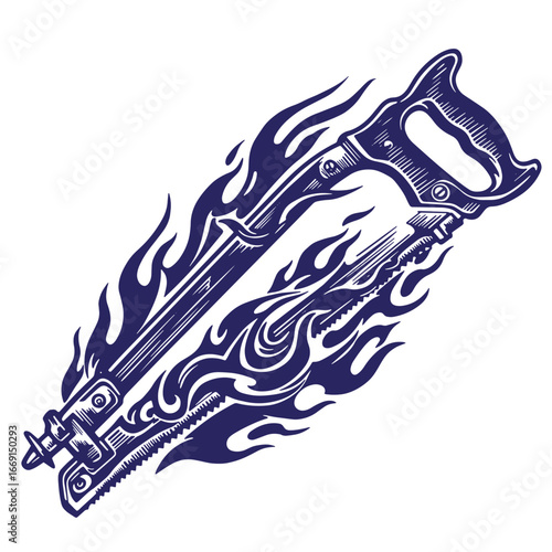 Artistic illustration of a hand saw with a flame or fire element design in dark blue