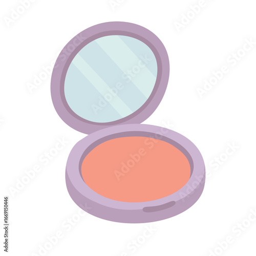 Round blush compact in lilac case with mirror, coral shade, flat style, clean isolated illustration.