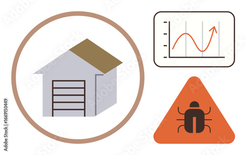 House, warning sign with pest icon, and chart with rising graph symbolizing pest infestation trends. Ideal for property safety, pest control, data analysis, risk management, home maintenance, safety