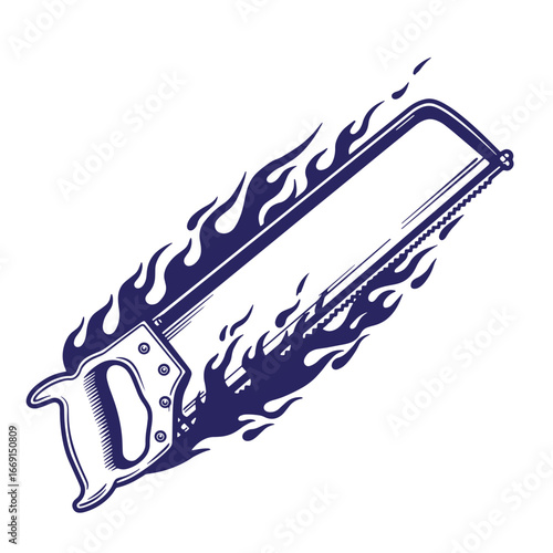 Burning hand saw illustrative artwork represents speed power and energy on a white background