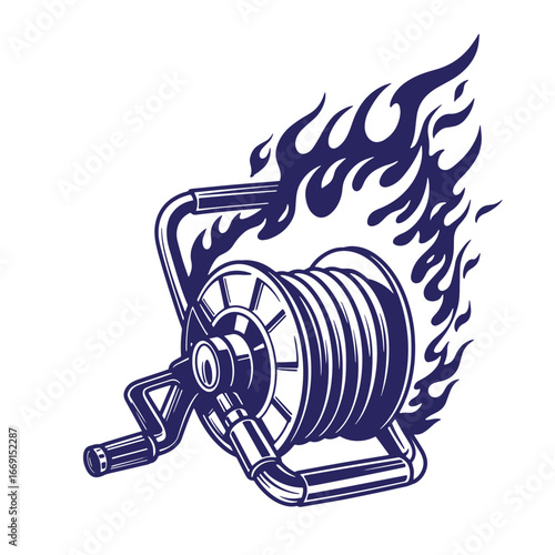 Illustrative graphic depicting a fire hose reel with flames symbolic of rapid response