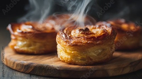 Close-up kouign amann pastry on wooden board.