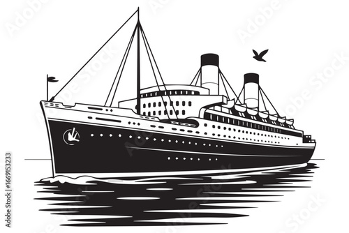 monochrome vector clipart of early 20th century ocean liner cruise ship with masts and flag ai eps jpeg png