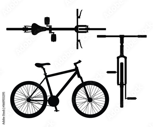 Bicycle Silhouette Icon Set Side, Front, Back, and Top View on White Background