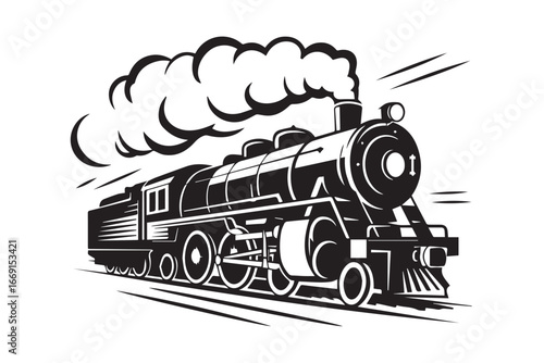 graphic black and white steam locomotive illustration vector highlighting engineering details train wheels industrial era