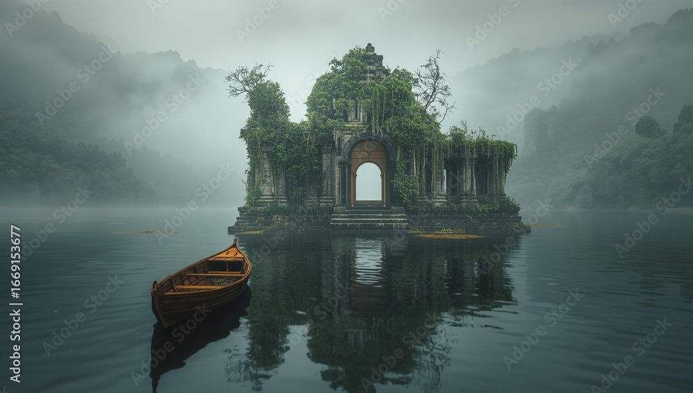 Fototapeta premium Mysterious Temple Island Shrouded in Morning Mist