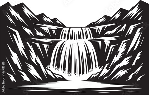 black and white stylized mountainous landscape vector featuring cascading tiered waterfall and reflective water pool