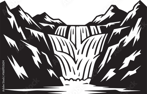 monochrome mountain vector art with jagged snowcapped peaks flowing multi-tier waterfall and serene reflective pool scene