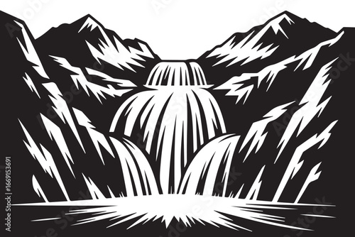 high contrast vector composition of stylized snowcapped peaks and dynamic cascading waterfall over rocky terrain silhouette