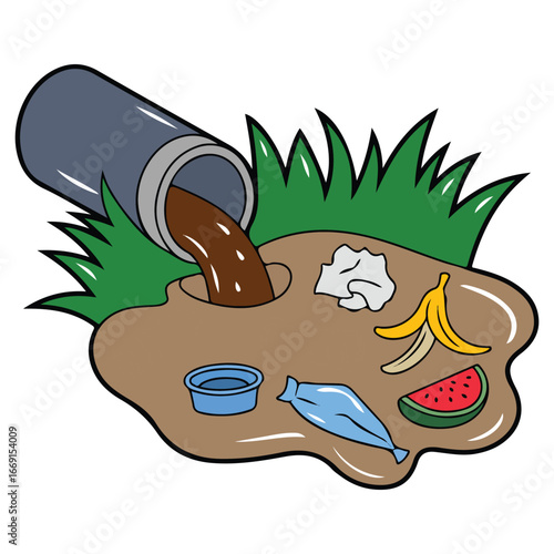 Pile of waste floating in polluted river ecology concept flat vector illustration on white background