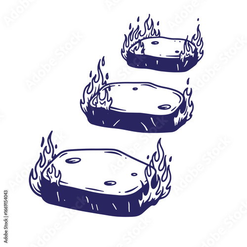Three sizzling steaks encircled by flames representing barbecue grilling and deliciousness