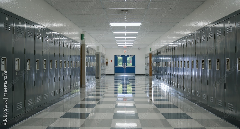 Obraz premium Locker-lined corridor with checkered floor, perspective view