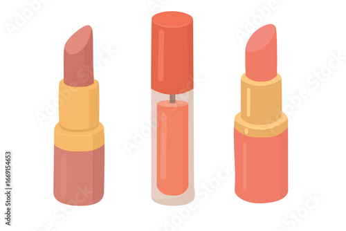 Flat vector illustration of different lipstick and lip gloss makeup products, colorful and stylish cosmetic set.