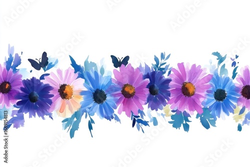 Serene Watercolor Floral Border: Lavender, Blue Daisies & Butterflies