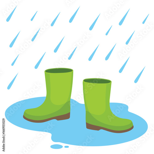 Yellow rubber boots walking in rain puddle autumn weather concept vector illustration