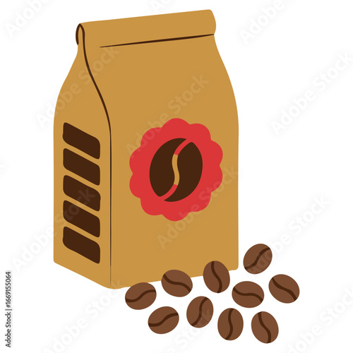 Brown kraft paper coffee bag packaging flat vector illustration on white background