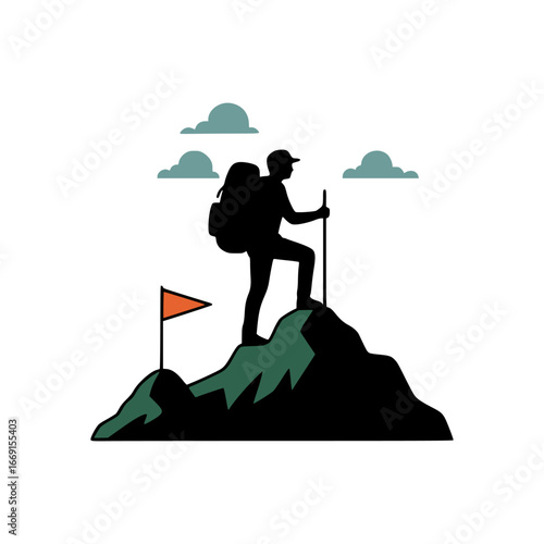 Silhouette of hiker standing on mountain peak with backpack, holding stick, red flag and clouds background