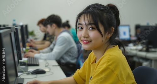 Smiling Student in Computer Lab Looking at Camera
