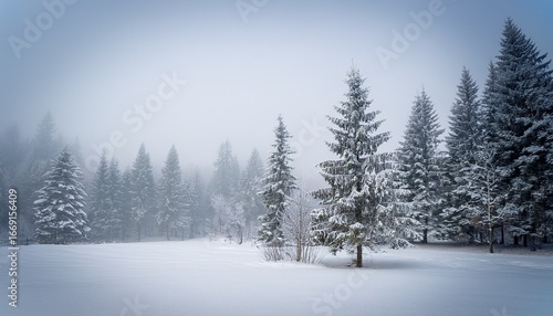 Wallpaper Mural serene winter landscape snow covered field bare trees and evergreens stand tall amidst a misty pale atmosphere Torontodigital.ca