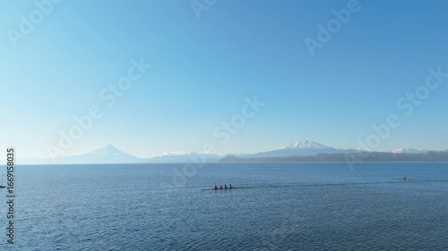 Aerial view of  Kayakers at Llanquihue lake in Puerto Varas