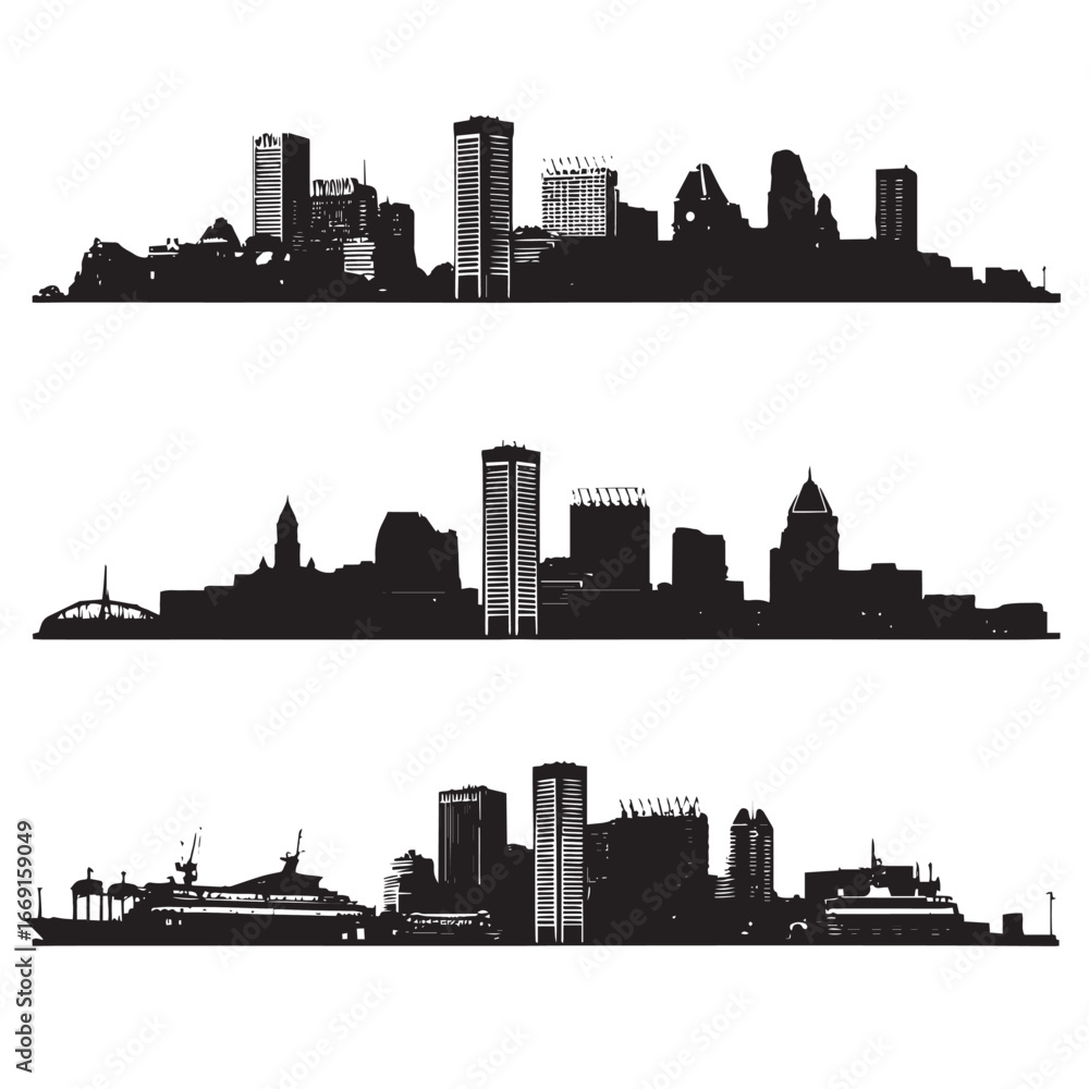 Naklejka premium Baltimore city skyline silhouette set, Black & White silhouette set