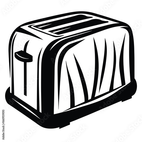 Simple black and white graphic illustration of an electric kitchen toaster