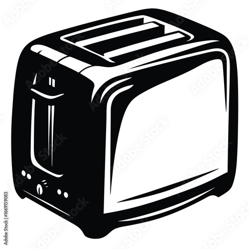 High contrast monochrome illustration of a standard kitchen toaster appliance
