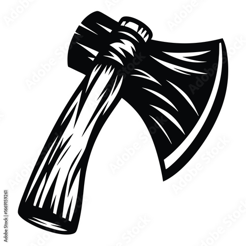 Monochrome artistic rendering of a chopping axe against a white background