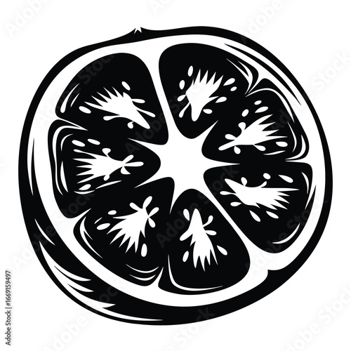 Monochrome Illustration of a Half Slice of a Citrus Fruit Cross Section