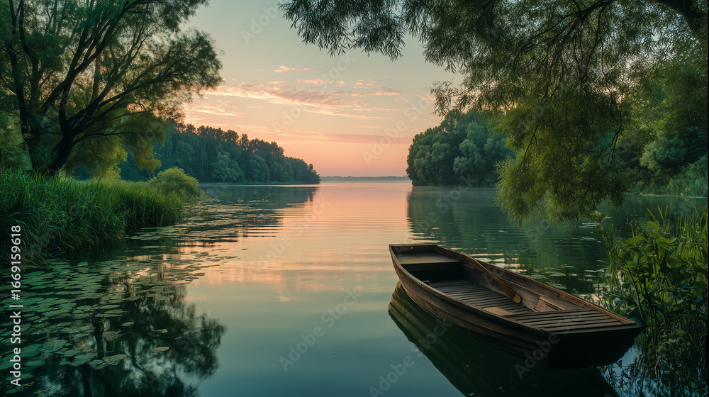 Obraz premium A peaceful morning unfolds on a lake as the sun rises, casting soft hues across the sky. A wooden boat floats gently, surrounded by vibrant green trees and calm waters