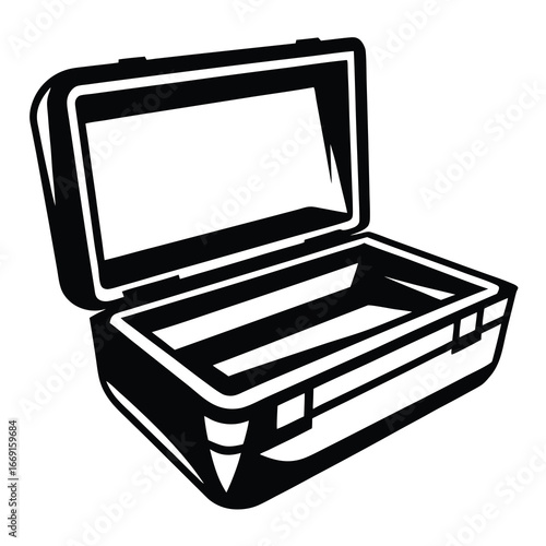 Graphic representation of an open cooler, a portable insulated container in black