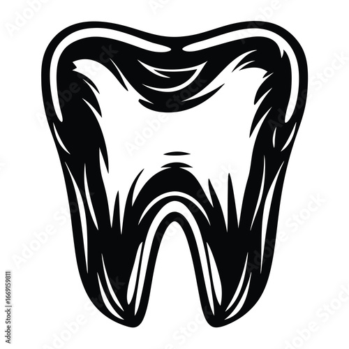 Stylized monochrome illustration of a human molar tooth with curved lines