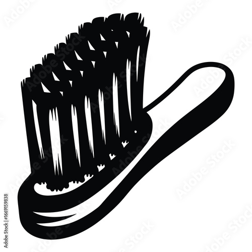 Monochrome illustration depicting a toothbrush with a prominent handle and bristles