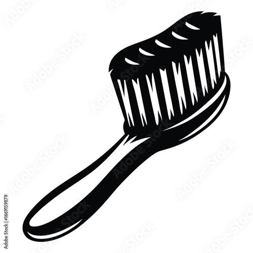 Detailed black and white illustration of a handheld hairbrush on white background