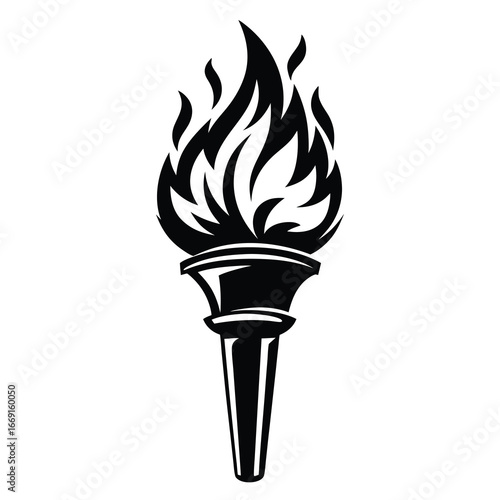Black and white illustration of a classic flaming torch with detailed flames