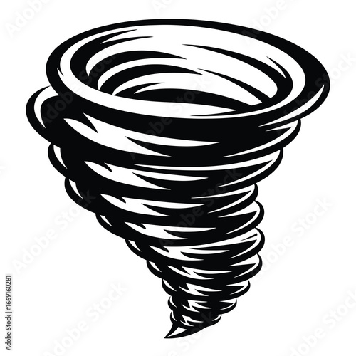 Monochrome stylized image of a tornado or whirlwind with a swirling pattern
