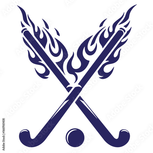 Abstract hockey emblem depicting crossed sticks with flaming details and a hockey ball