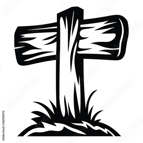 Monochrome illustration of a wooden signpost in the grass on a mound