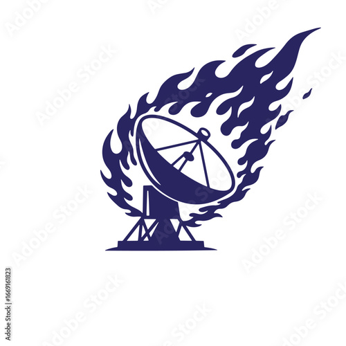 Burning satellite dish concept depicting data loss communication failure technical issues.